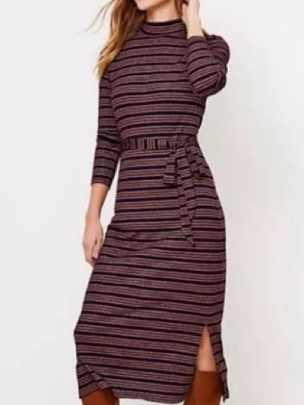 Long Sleeve Striped Knit Maxi Dress in Navy and Orange Sparkle